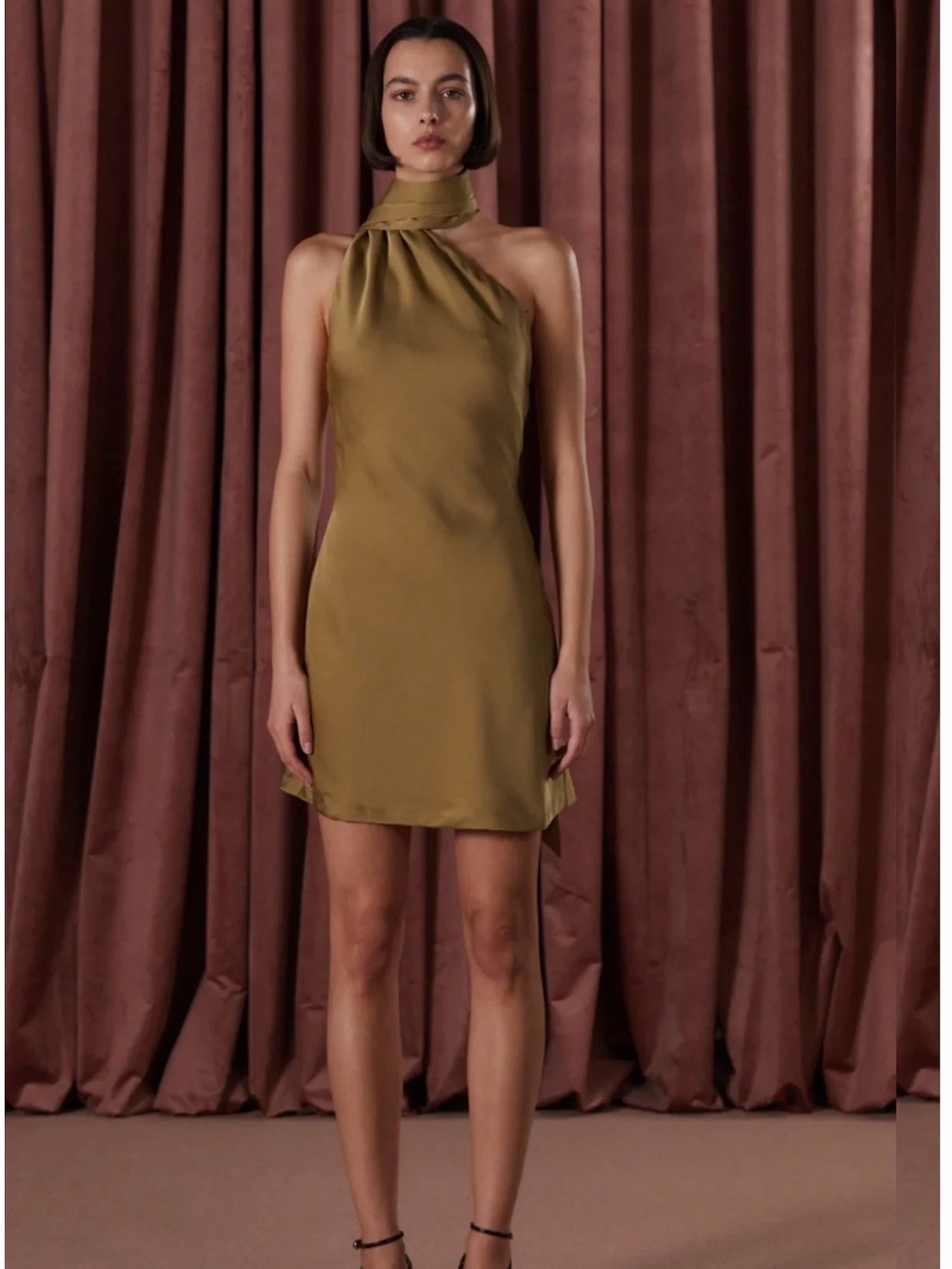 Misha Lillin Satin Mini Dress Dusty Olive